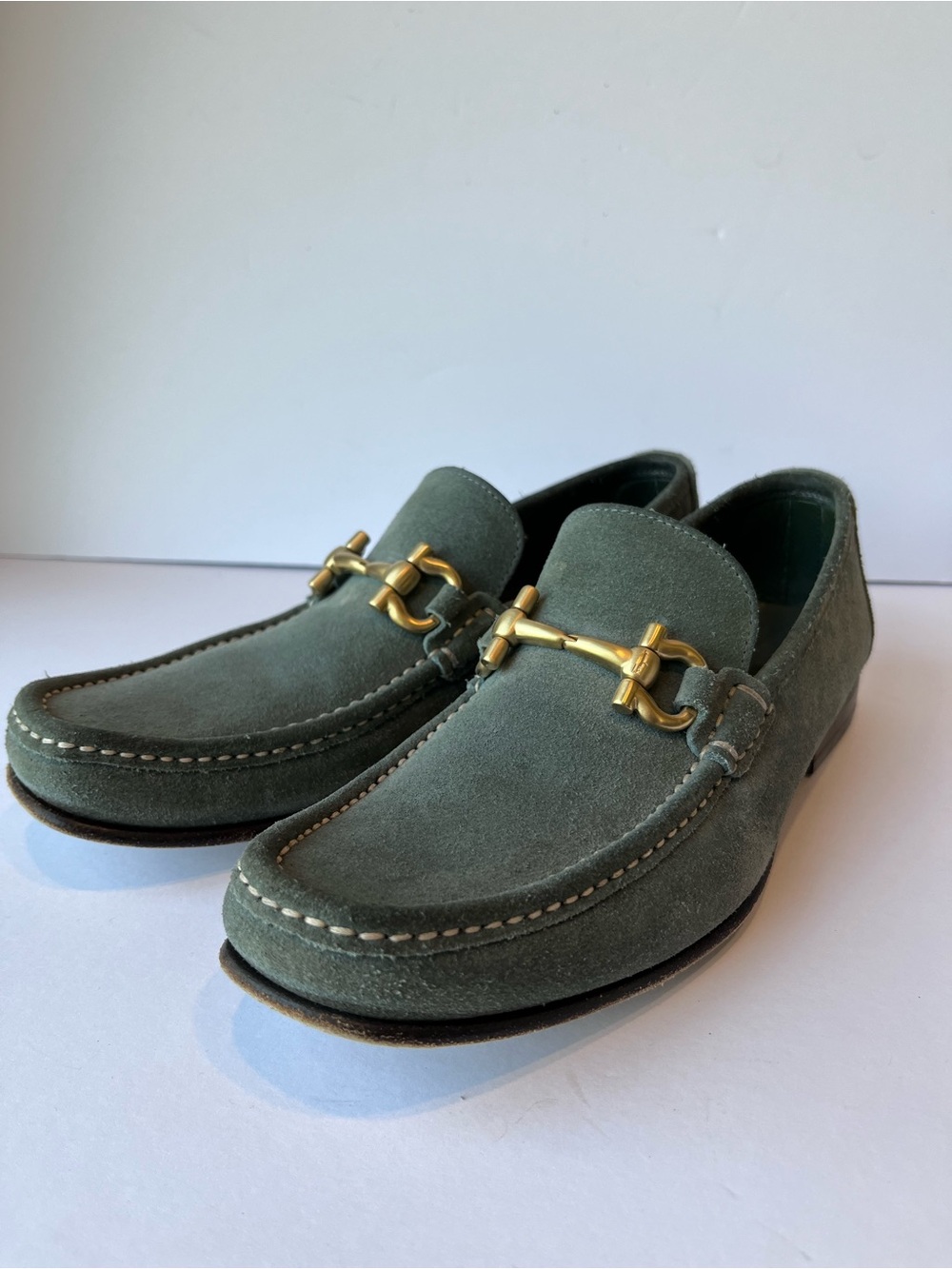 Salvatore Ferragamo Gancini Buckle Green Suede Loafers